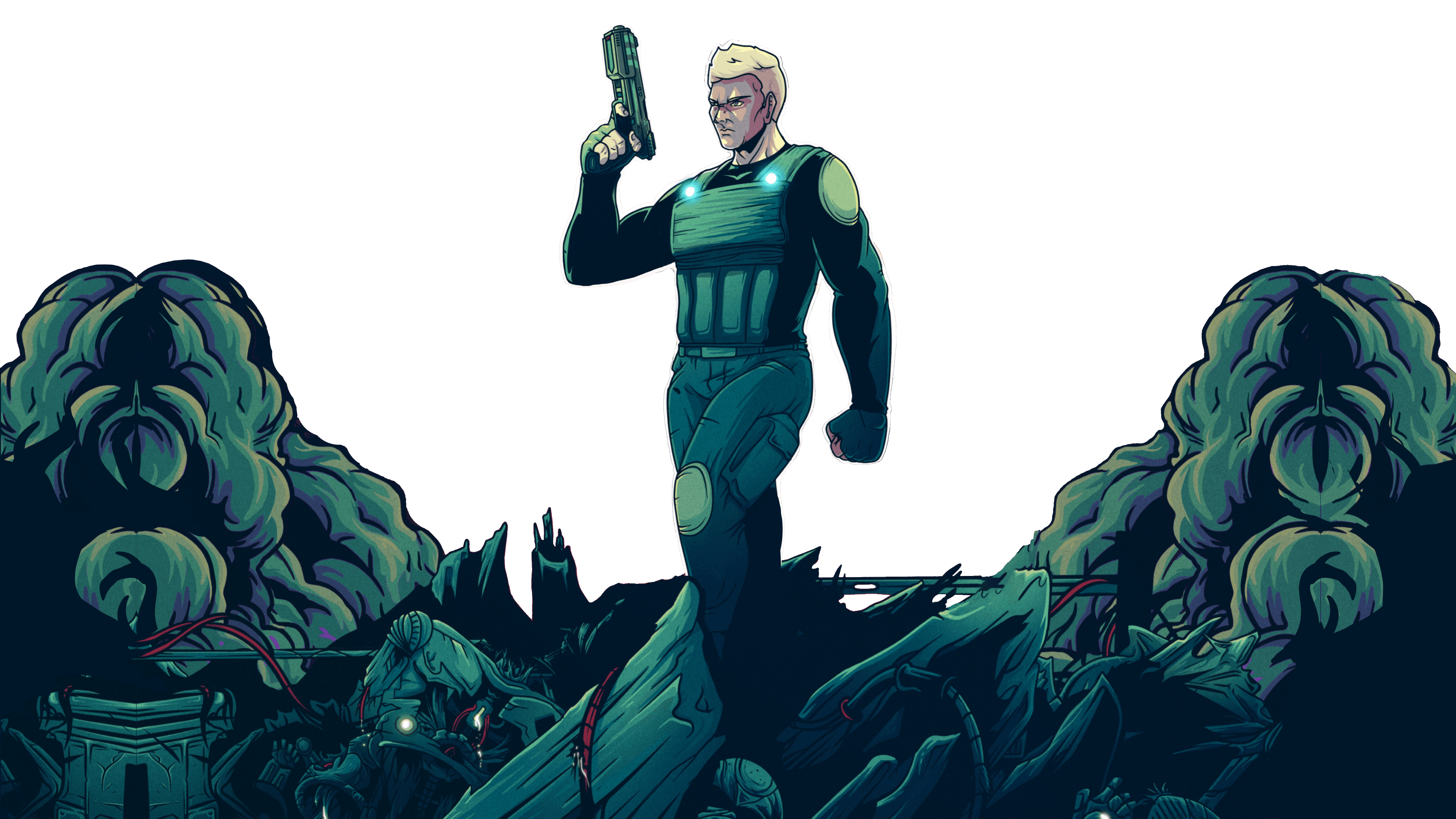 Colonel Frost holding a pistol and standing in a pile of dead robots, second image layer